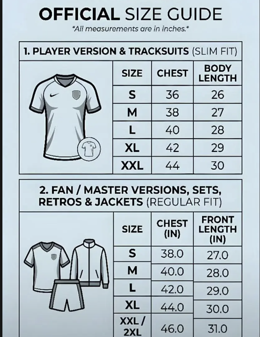 terrace.fc official size guide